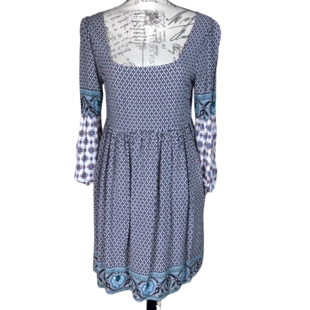Umgee Cottagecore Deep Square Neck Dress Long Sleeve Bohemian Fitted Mixed Media